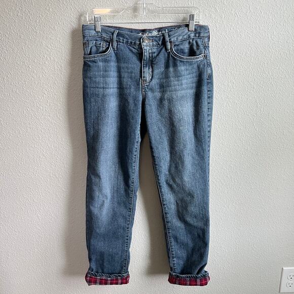 Eddie Bauer Red Flannel Lined Relaxed Boyfriend Jeans Women's 6 Stretch Denim - Picture 1 of 7